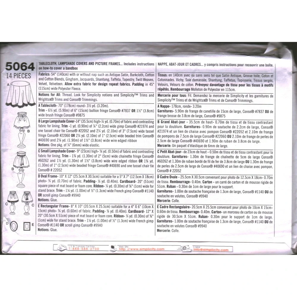 Simplicity 5064 ShowHouse Accessories Pattern Tablecloth Lampshade Picture Frame